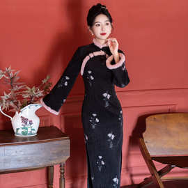 黑色复古新中式改良倒大袖旗袍女2025冬季新款加绒保暖气质日常