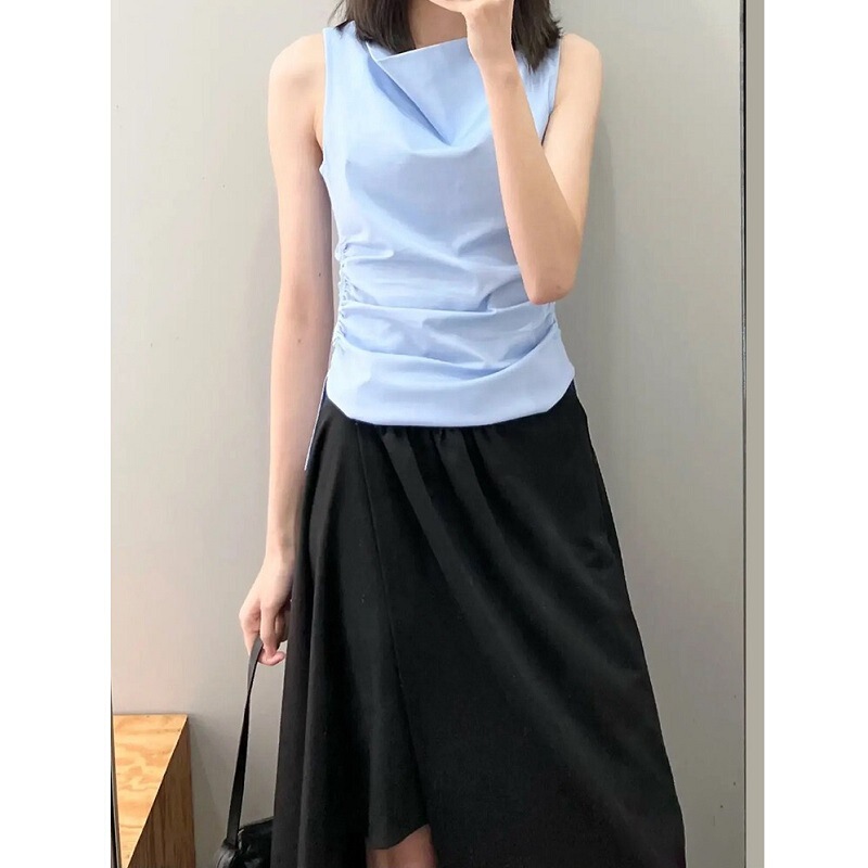 Cos Style 2025 Summer New One-Shoulder Swing Collar Sleeveless Knitted Pure Color Elastic Work Clothing Waist-Covering Belly Vest
