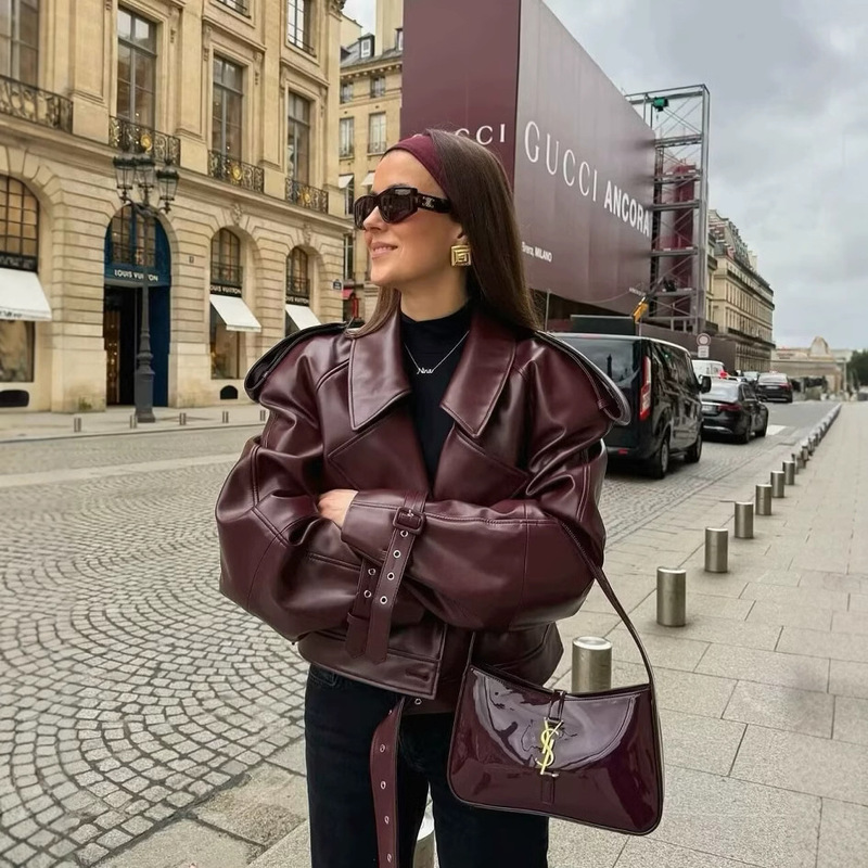 2025 European and American Cross-Border Spring & Fall New Women's Leather Jacket Street Lapel Adjustable Sleeves Amazon Retro Jacket