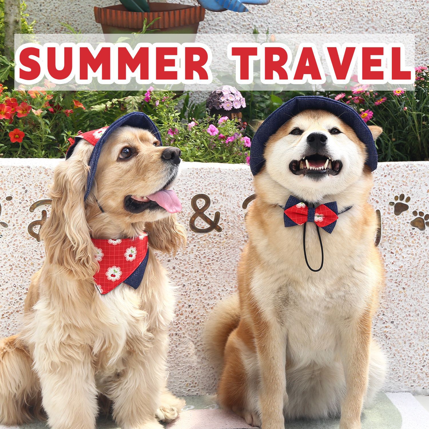 Sombrero de perro, protector solar de verano para mascotas, sombrero de pescador de cereza de mezclilla, juego de bufanda triangular con pajarita de gato Corgi Shiba Inu
