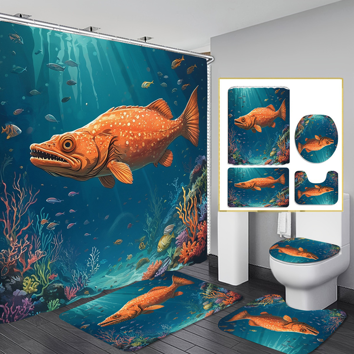 Fuente de fabricantes de cortina de baño transfronteriza de Navidad cuatro piezas cortina de partición de impresión digital vestido de baño