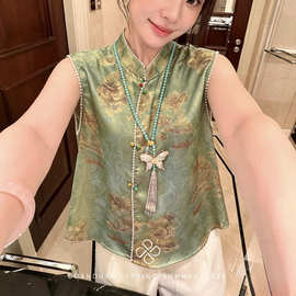 方青绿色织锦柔润珠光上衣复古新中式国风提花珍珠东方雅致马甲女