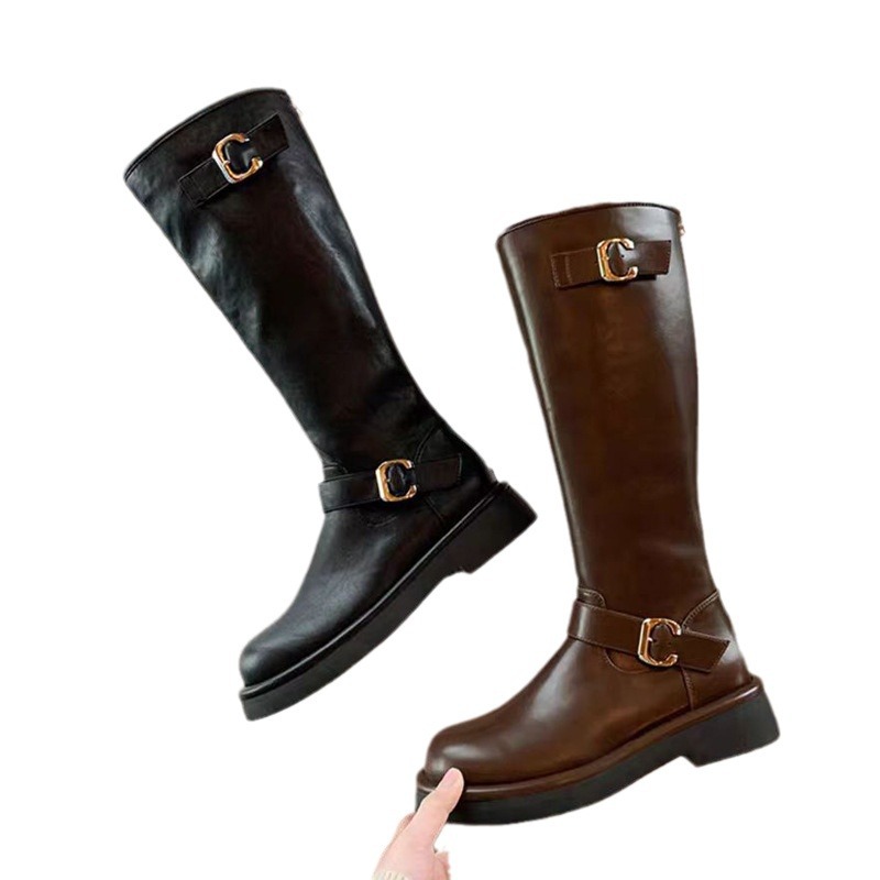 Grape Mom otoño e invierno nuevo estilo polaco pictórico ~ Hebilla de punta redonda de moda, tacón grueso, pero botas altas hasta la rodilla, botas de caballero, mujer
