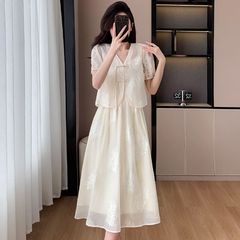 新しい中国風サスペンダードレス婦人服夏の新しいハイエンド中国風刺繍ボタンツーピースロングスカート