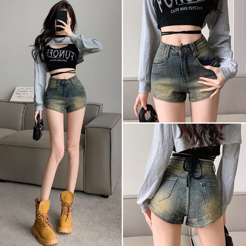 Gradient Denim Shorts Women's Spring and Autumn Outer Wear Collocation Martin Boots American Retro Sexy Spice Girl A- Line Hot Pants