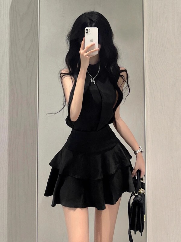 Sleeveless Neck Vest Top Women's Summer Small suit Ruffled Cake Half-length Skirt Elegant Two-piece Set