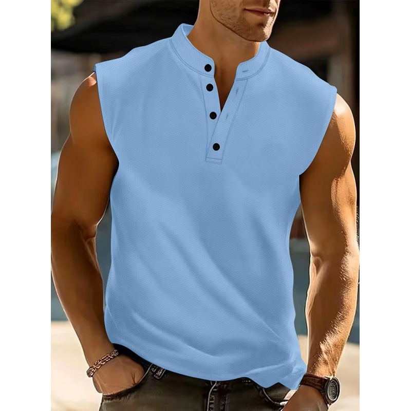 Cross-Border Men's Henry Collar Sleeveless Vest with Wide Shoulders to Show Muscle, Training Vest, Summer Mesh Breathable Sports Top