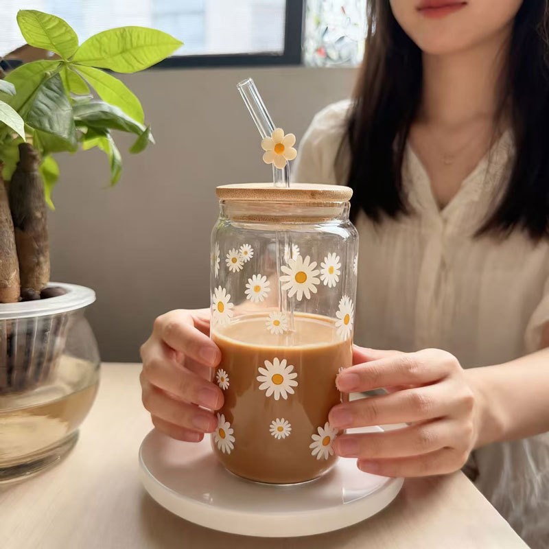 Taza de paja creativa resistente a altas temperaturas con tapa de vidrio de alta resistencia al calor de borosilicano de alta visualización de taza de té de leche de café y cola