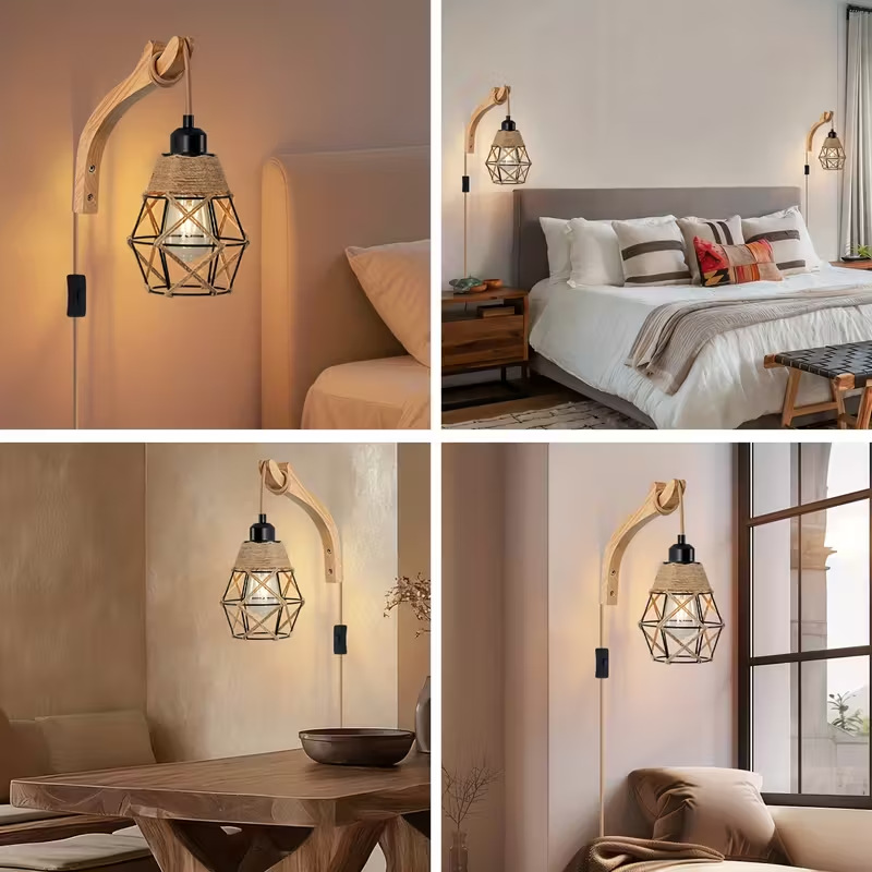 Lámpara de pared enchufable estilo americano rústico madera sólida lámpara de pared de cuerda de cáñamo industrial lámpara de pared de cuerda de cáñamo transfronteriza lámpara de pared de comercio electrónico