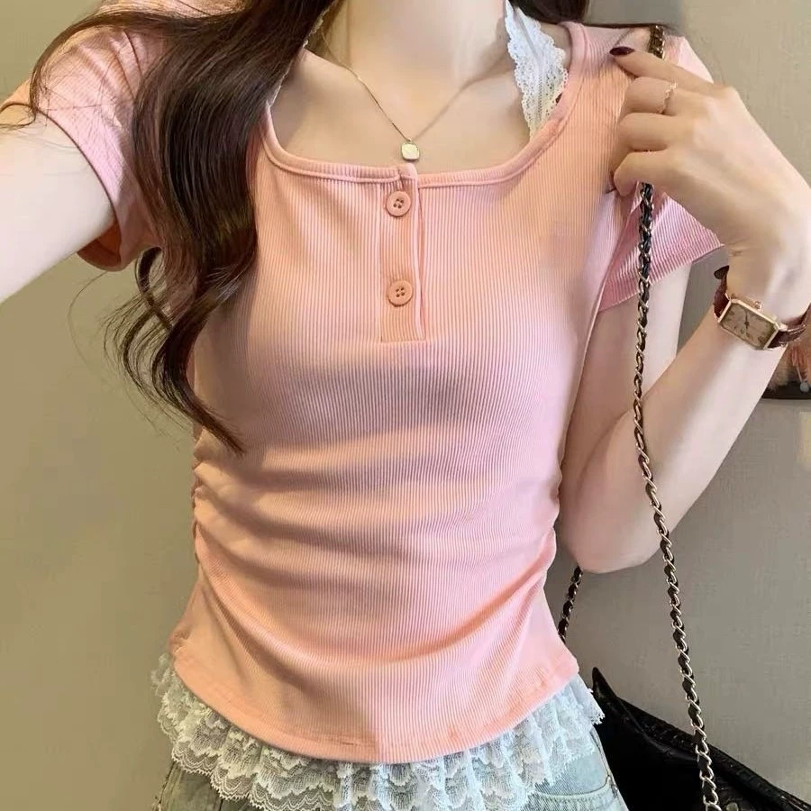 Приталенная футболка с коротким рукавом, кружевной низ, one size (женская)