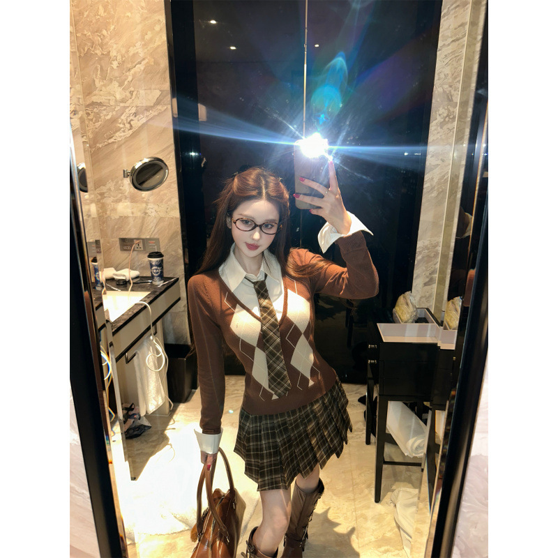 秋冬美拉德学院风假两件菱格纹毛针织衫+百褶短裙两件套装女|undefined