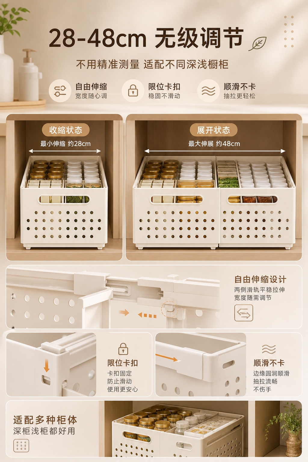Collapsible storage basket kitchen, expandable, drawer organizer