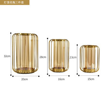 创意铁艺玻璃花瓶摆件欧式样板房家居客厅装饰插干花器工艺品花瓶