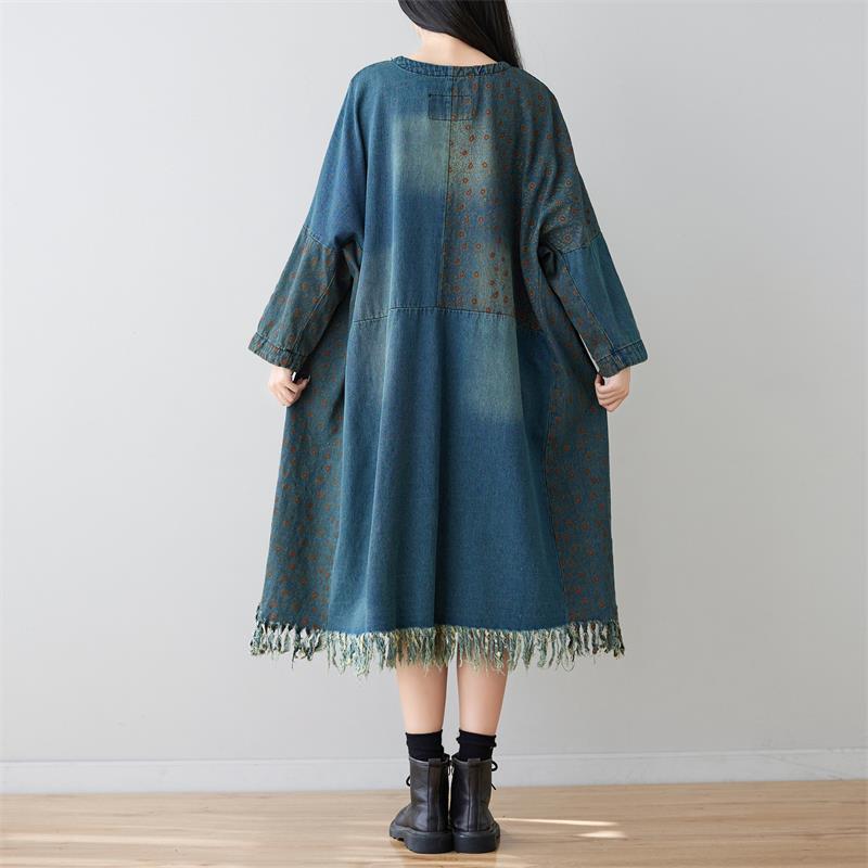 V neck Long Tassel Sweater Washed Dots Patch Long Sleeves Dress Slimming