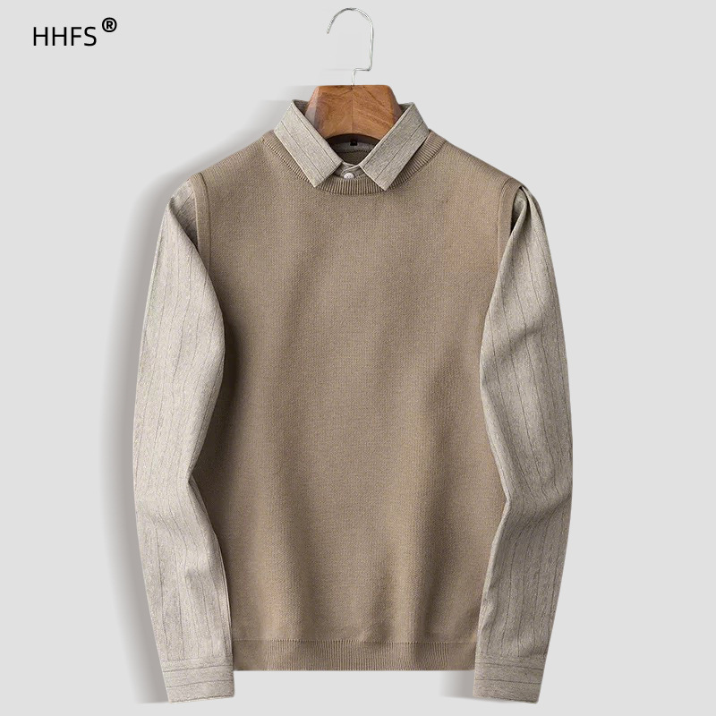 休闲衬衫领套头针织衫男士轻奢高端秋季保暖假两件修身商务毛衣男
