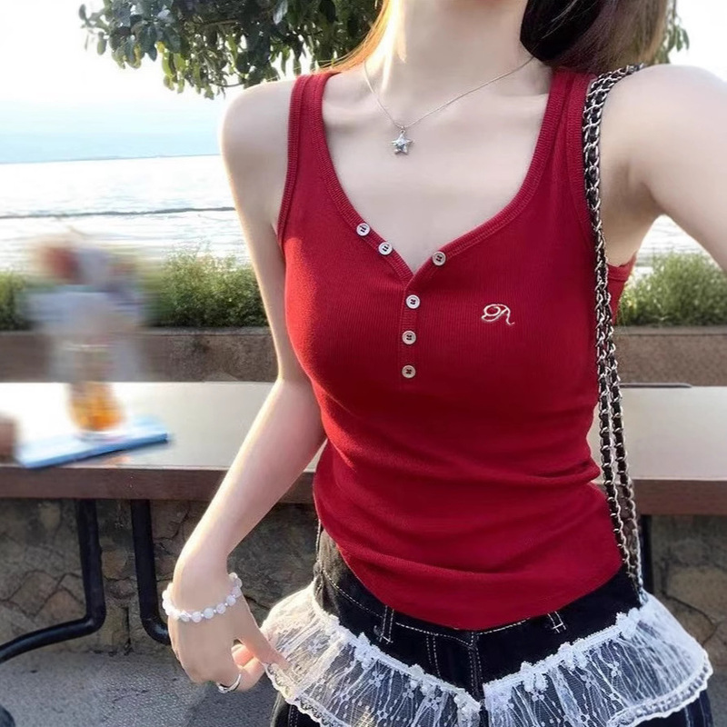 Niche Design Sense Button Vest Women's V-neck with Chest Pad Inner Wearing Outer Wearing Korean Style Long Embroidered Base Top Women's Top