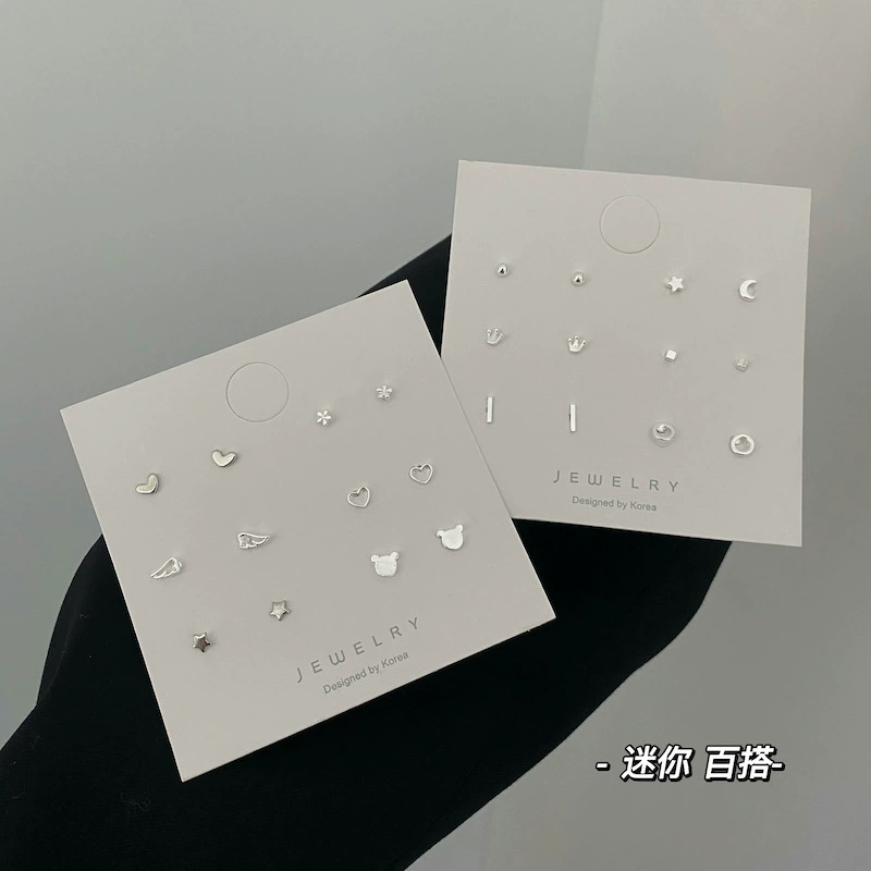 Mini copper stud earrings set, assorted small motifs, silver‑plated s925 posts, gift pack
