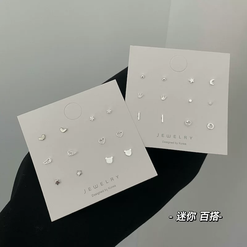 Mini copper stud earrings set, assorted small motifs, silver‑plated s925 posts, gift pack