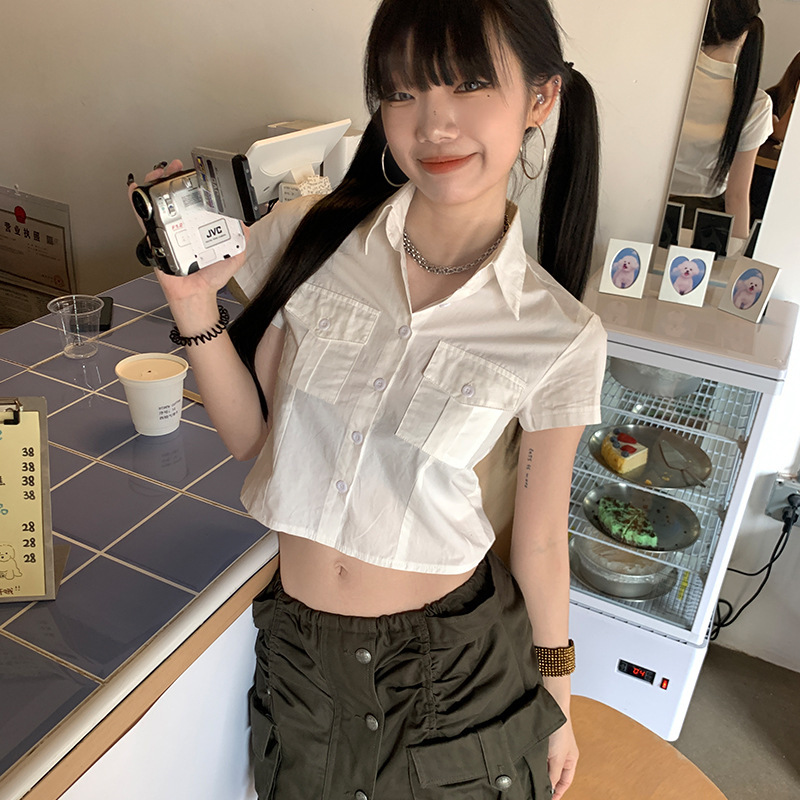 Aesthetic Accumulation | Record Daily | Youth Sense Double Pocket Short Sleeve Shirt Beautiful High White Sexy Fashion