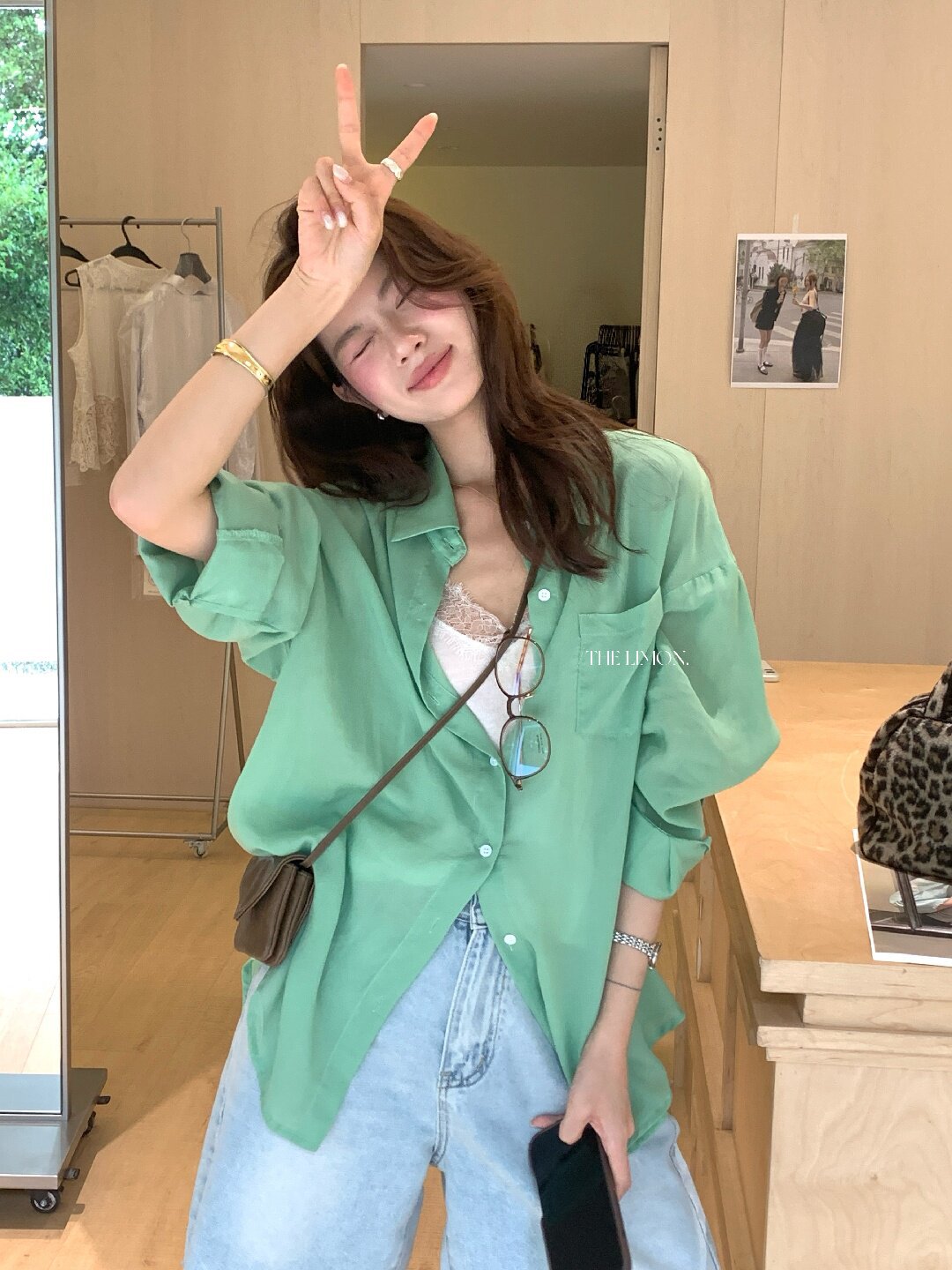 Áo sơ mi nữ tay dài chất liệu tencel phong cách lười biếng ấm áp — Vàng nhạt, xanh lam, Xanh lá cây nhạtcolor, màu hồng chi tiết 6