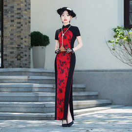 2026新款高端走秀演出复古长款新中式黑红色竹子显瘦表演旗袍批发