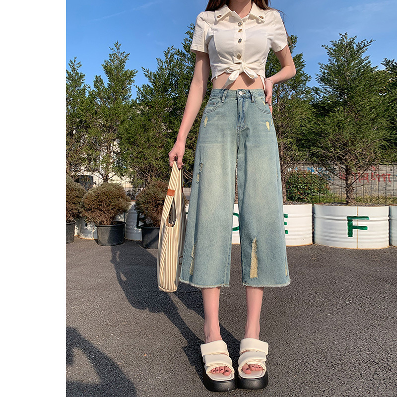 七分牛仔阔腿裤女夏季薄款高腰直筒宽松复古显瘦怀旧蓝毛边破洞裤|undefined