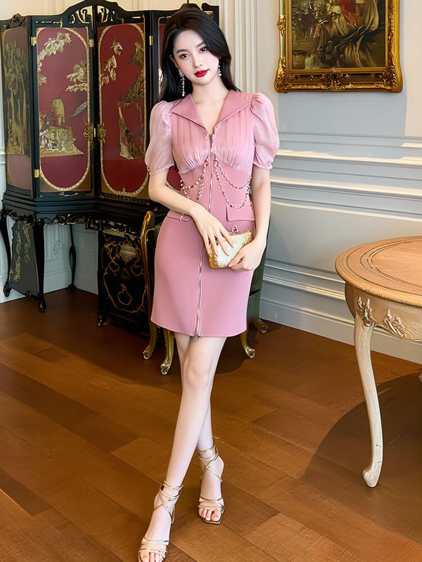 Đầm ôm body nữ cổ vest thiết kế eo cao tôn dáng — Màu hồng mây