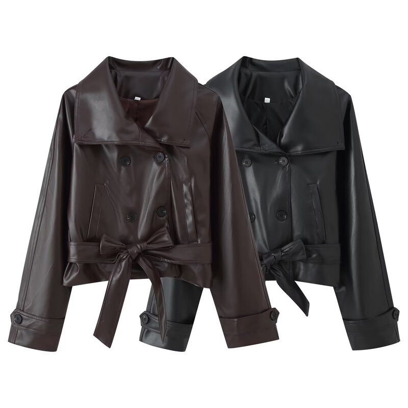 Bsk&Traf Women's 2025 Women's Autumn New Street Fashion Lapel Belt Short Leather Windbreaker 8707065