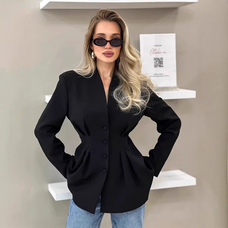 European and American Women's Fashion Autumn Elegant Slim-Fit Waist-Cinching Black Blazer with a Stylish V-Neck Design for Commuting