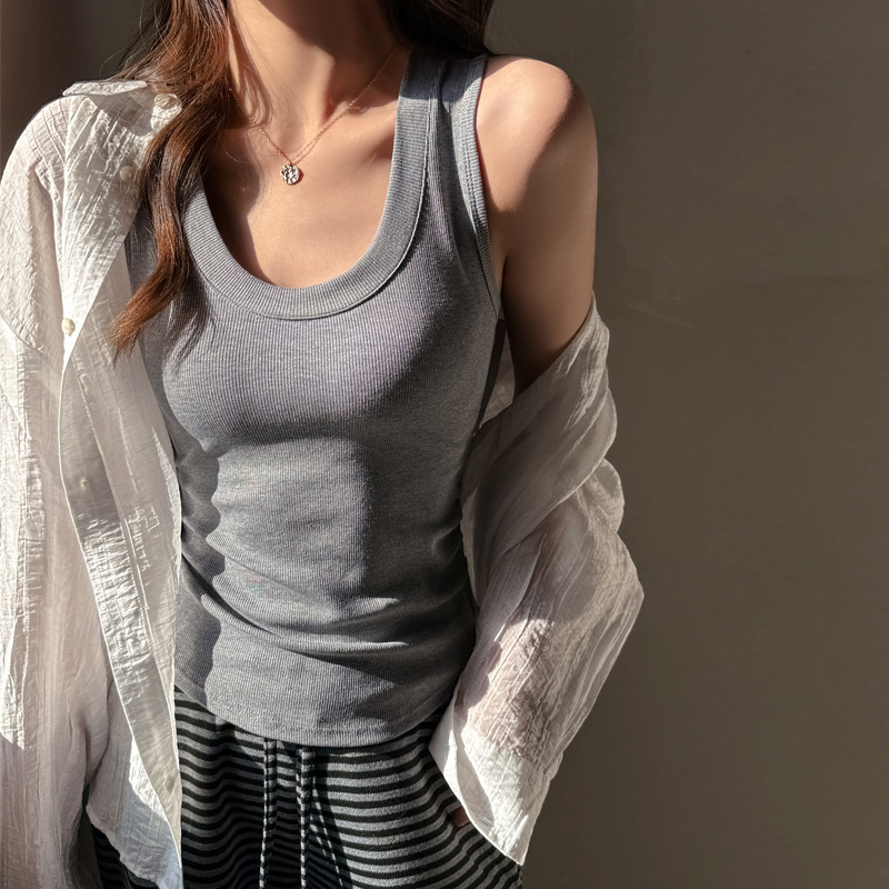 Ribbed Cotton Sleeveless Camisole for Women, Solid Color, Can Be Worn as an Outer Layer, Ruched Waist, Slimming U-Neck Top