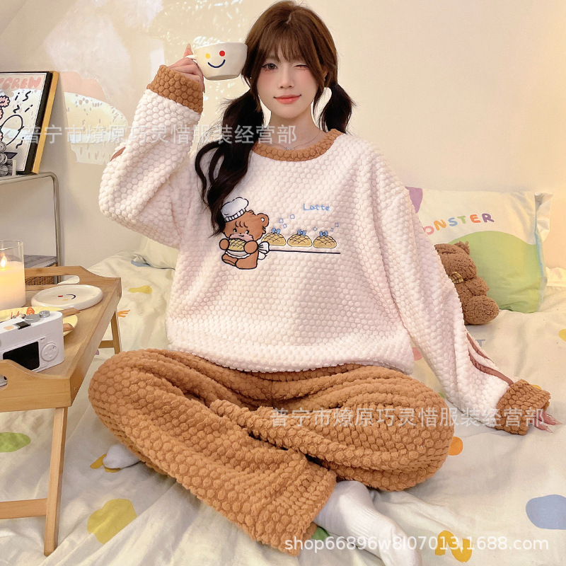 Franela otoño y invierno nueva linda niña caliente y gruesa dulce kitty gato suelto conjunto de pijamas se puede usar fuera