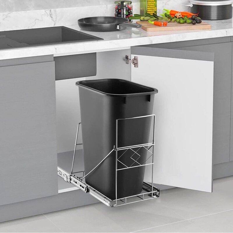 Cross-Border Durable Sliding Trash Can Rack, Kitchen Cabinet Pull-Out Storage Rack, 10-35 Quart Adjustable Size, Chrome Finish Cross-Border Durable Sliding Trash Can Rack, Kitchen Cabinet Pull-Out Storage Rack, 10-35 Quart Adjustable Size, Chrome Finish