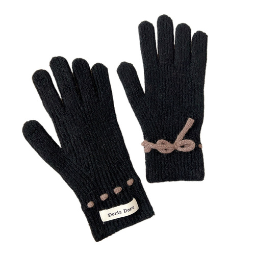 Bow autumn and winter solid color cute women's winter knitted gloves Korean style warm woolen gloves with holes for students