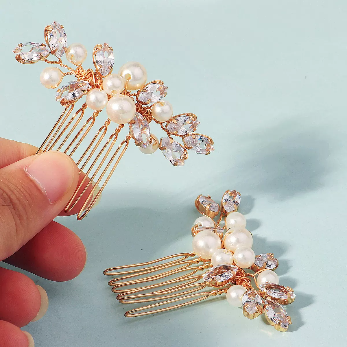 欧美跨境锆石珍珠盘发发梳唯美写真婚礼头纱发饰手工珍珠插梳套装