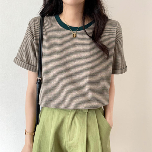 Striped T-shirt Short-sleeve Women's Summer Dress 2025 Round Neck Loose Ins Chic Simple Student Top