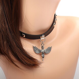 European and American cross-border punk style leather collar Angel Cupid rivet vintage PU neckband choker clavicle chain