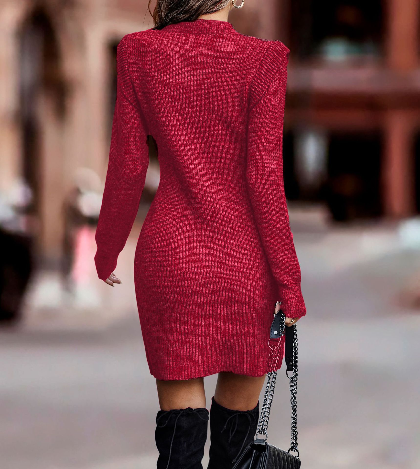 Autumn And Winter Net Color Round Neck Long-Sleeved Hip-Wrapped Sweater Women'S Dress 23 Undefined
