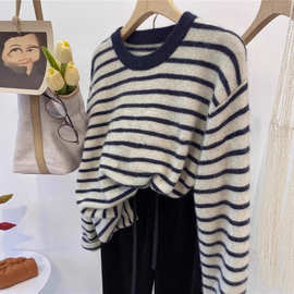 韩系撞色条纹针织长袖t恤女浣熊绒宽松秋冬薄款圆领套头毛衣内搭