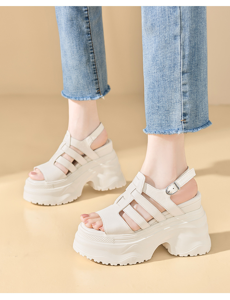 Sandal cao gót nữ da thật mũi hở gót platform 12cm — màu đen, màu trắng ngà chi tiết 2