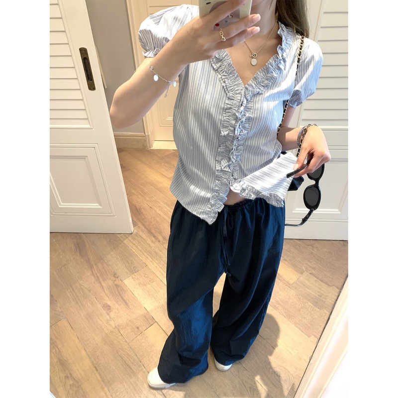 孔真烦呐北海道来信设计感条纹泡泡袖衬衫女夏季新款短袖上衣|undefined