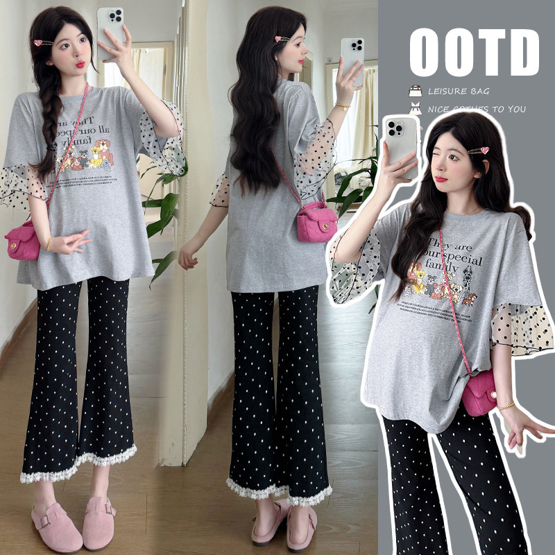 2025 Summer New Loose Wave Dot Stitching T-Shirt Cotton Micro-flared Pants Small Outer Wear Pregnant Women suit Women