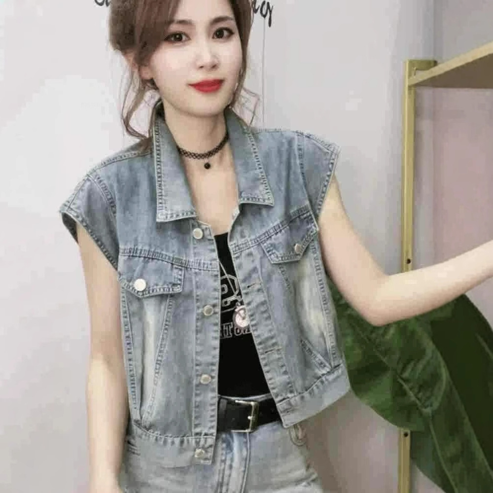 短款褶皱牛仔短袖马甲外套女2025夏季新款宽松百搭薄款飞飞袖马夹