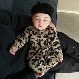 婴儿秋冬衣服洋气男女童豹针织纹连体衣宝宝冬装保暖哈衣外出爬服