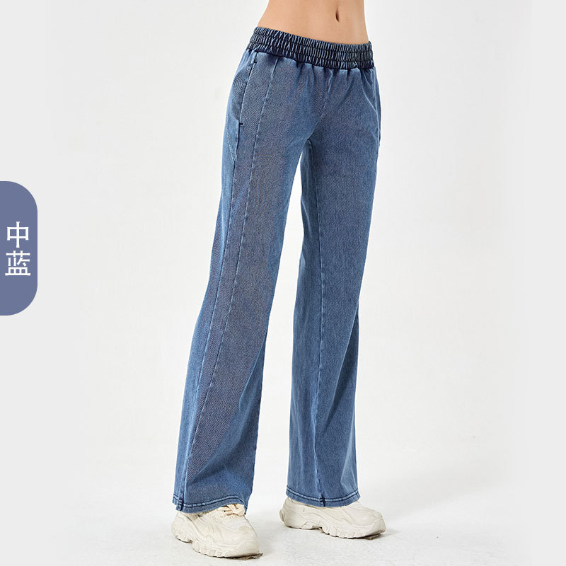 Otoño y invierno nuevos pantalones jeans holgados de cintura alta para mujeres de doble bolsillo elástico pantalones deportivos casuales de fitness