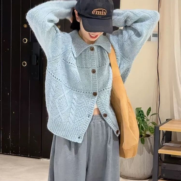 复古花线翻领针织开衫外套女秋冬季新款宽松百搭毛衣上衣厚蓝色