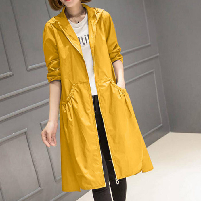2024 New Autum Hooded Mid-Length Over-The-Knee Thin Spring Women's Windbreaker Jacket Loose Large Size Outerwear