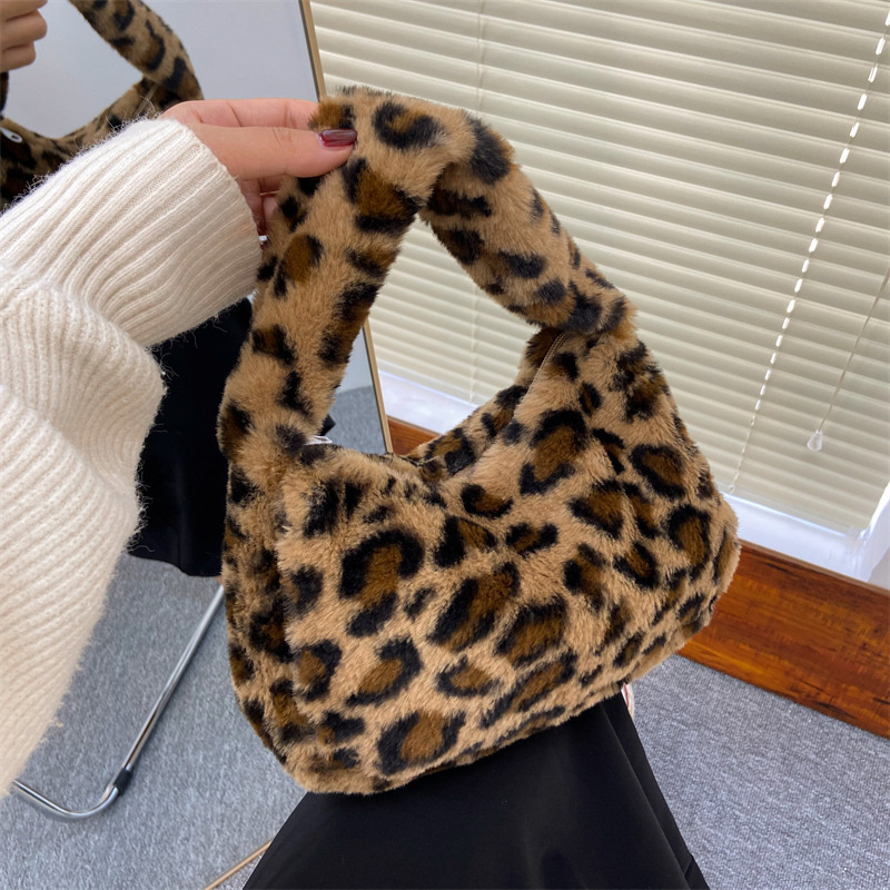 Leopard Plush Fabric Women's Bag Autumn and Winter New Fashion One-shoulder Underarm Bag Portable Mao Mao Bag Handbag Handbag