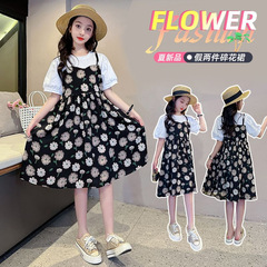女童夏裝薄款假兩件連衣裙2024新款大童時髦洋氣甜美田園風碎花裙