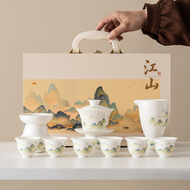 White porcelain kung fu tea set gift box, home use tea pot, gaiwan, teacup, ceramic business gift