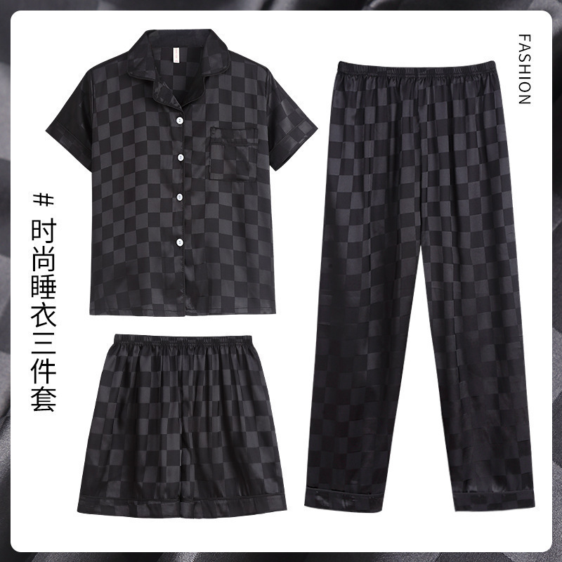 De alto grado jacquard carta pijamas de verano de los hombres traje de tres piezas pantalones cortos de manga corta de seda de hielo juventud ropa de casa de seda real